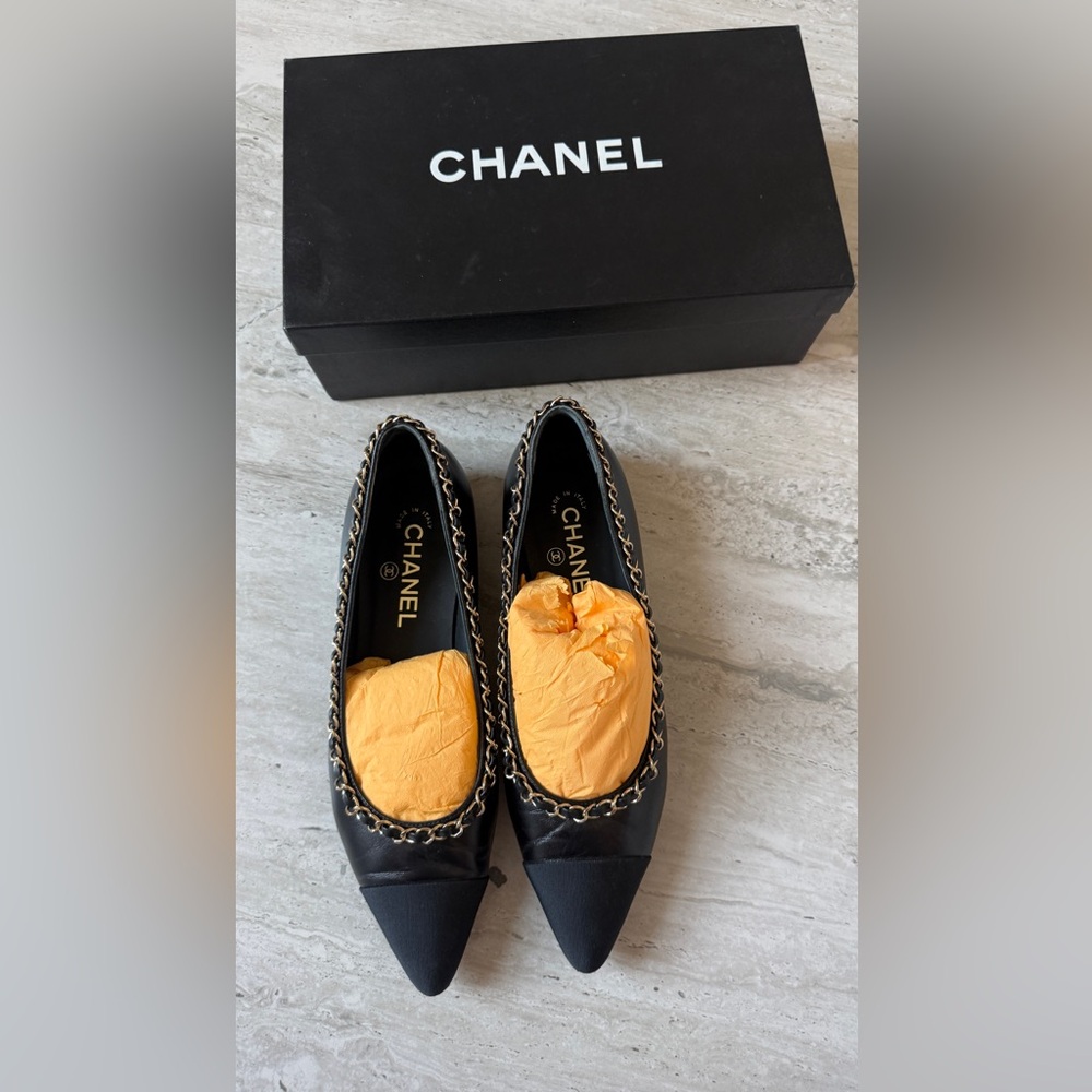 Chanel Black Flats with Gold Chain Detail